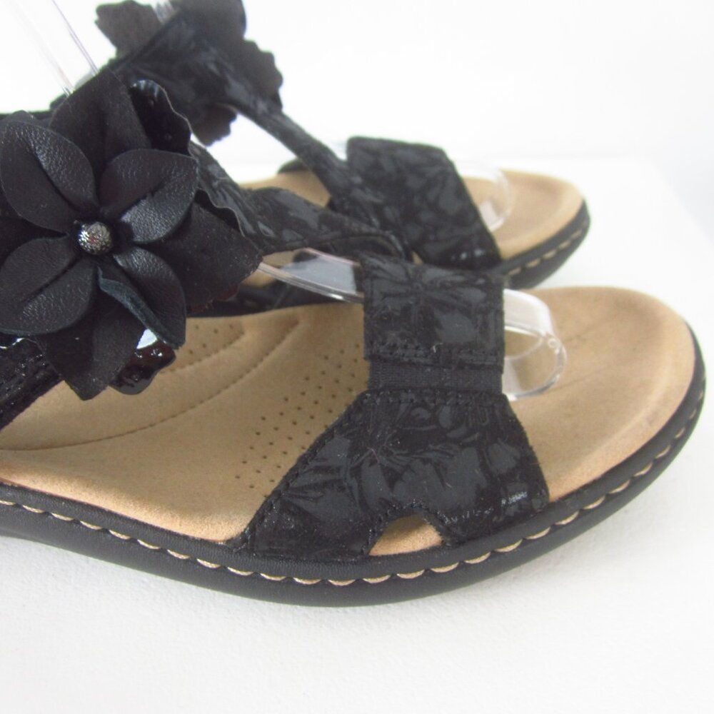 New Clarks Laurieann Bea Women 8.5 M Black Leather Floral Ankle Strap Sandals - Picture 5 of 15